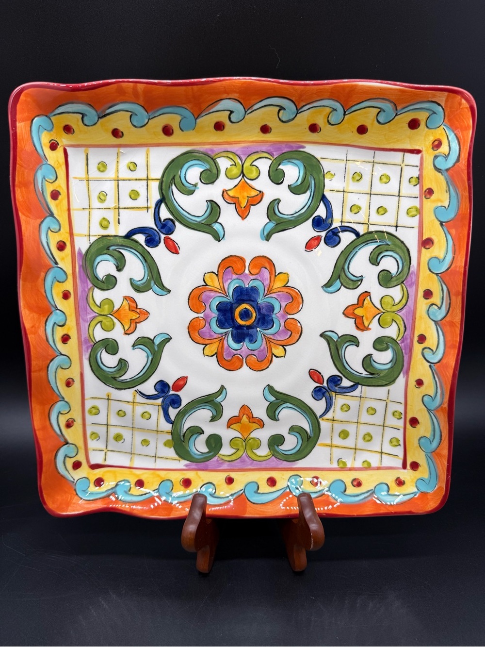 Golden Talavera Pottery Square Serving Plate 11.5" or Wall Display